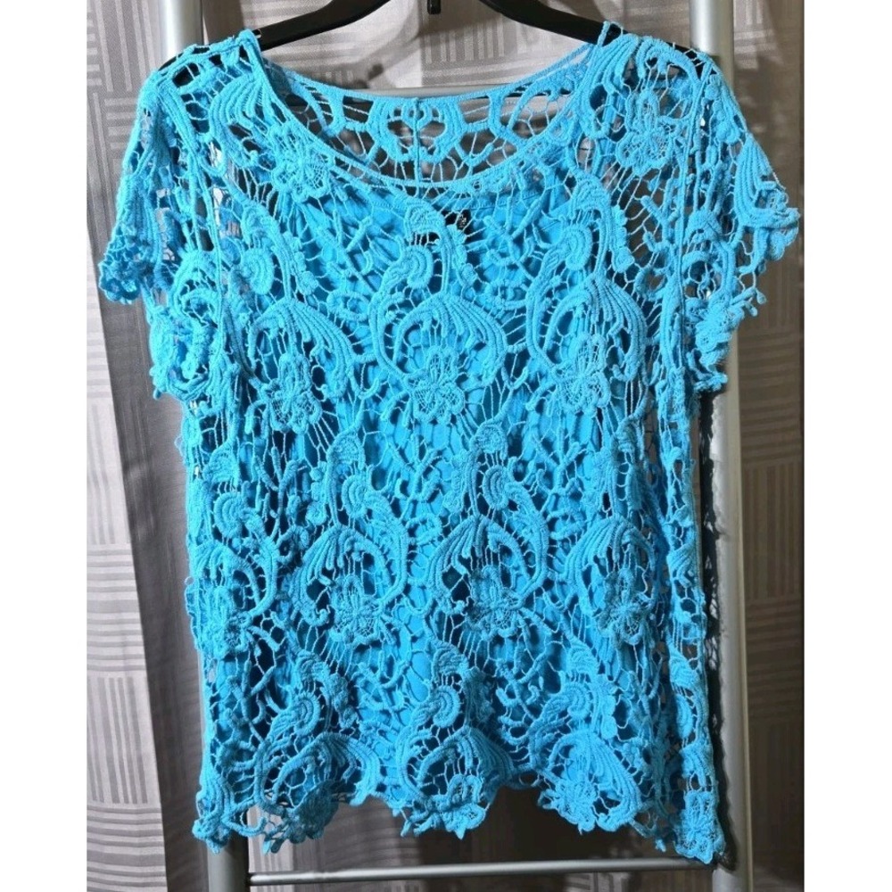 Womens Rafaella Top Crocheted Overlay Withโ Camisole Turquoise Small